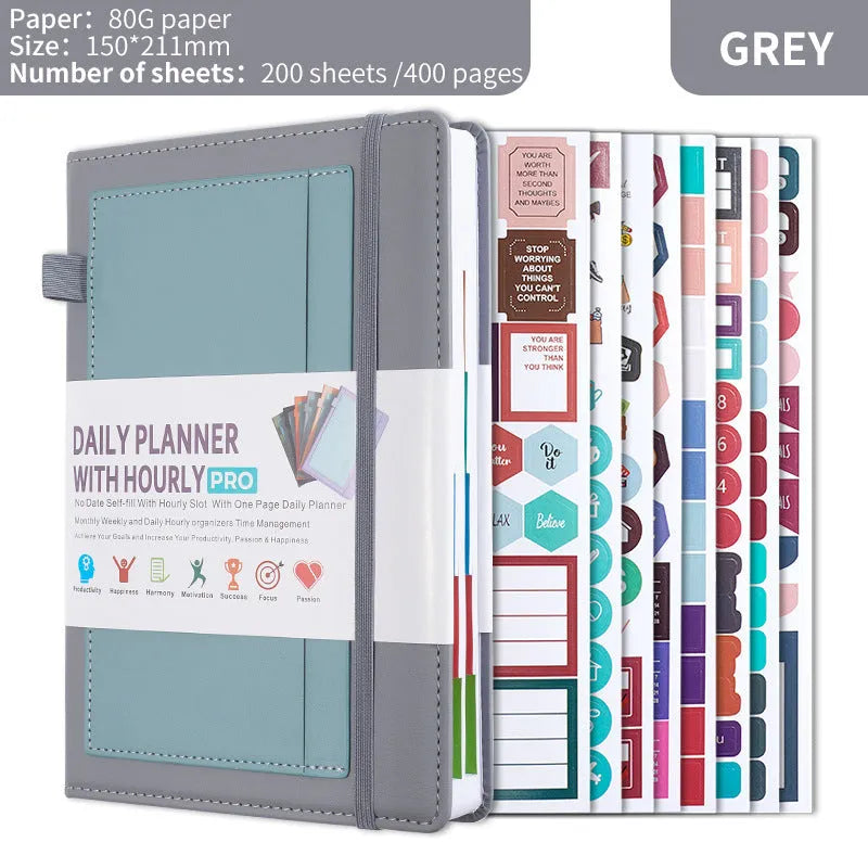 Creative undated notebook with PU leather-style cover in purple, green, black, grey, pink, or orange.