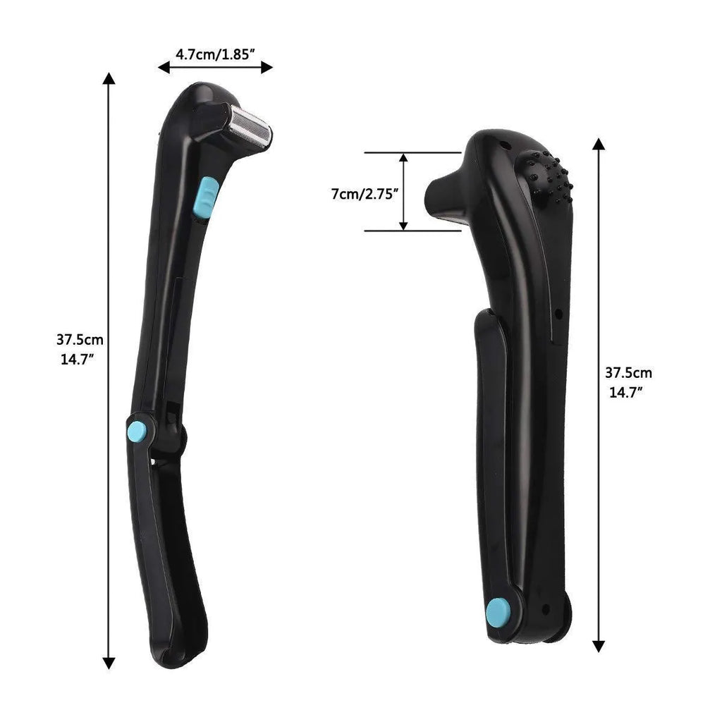 Black folding body electric shaver with battery compartment open