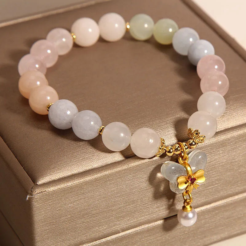 Women's crystal bracelet with colourful Morganite stone and butterfly pendant jewellery