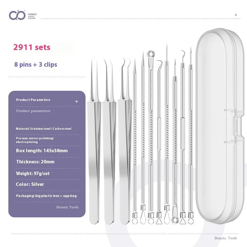 Four silver metal acne needles with ultra-fine pointed tips for blackhead extraction.