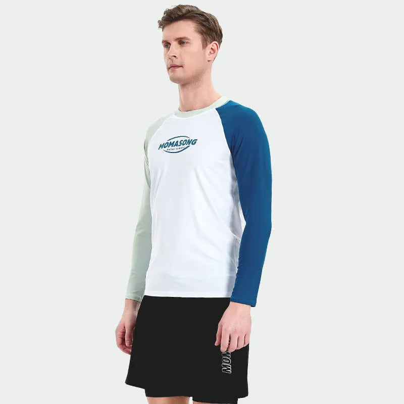 Men's white long-sleeved swim top and matching blue swim trunks set for beach sports