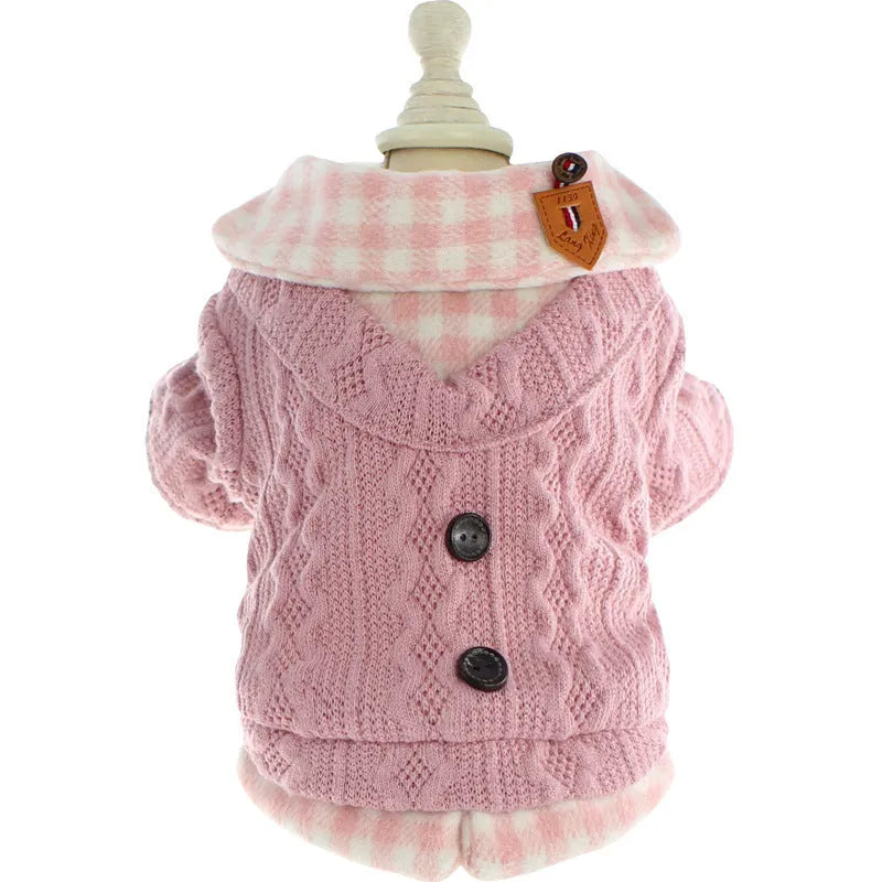 Blue wool plaid dog sweater with two-piece fleece-lined design for small to large dogs