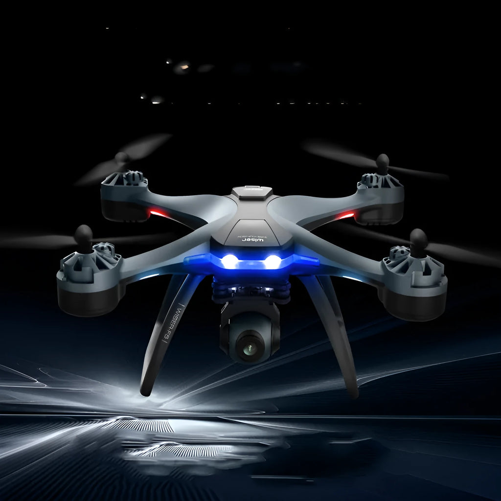 Plastic quadrocopter drone with four rotors, remote controller, spare blades, and protection covers displayed alongside USB cable