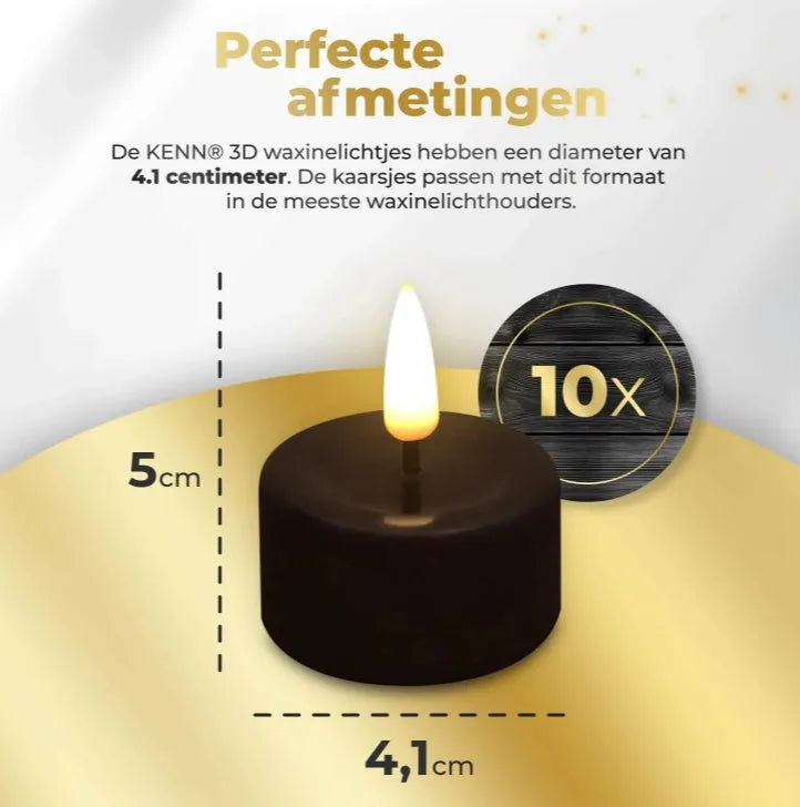 Four black S10 LED flameless tealight candles on a table.