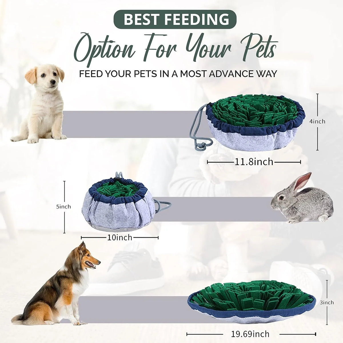 Blue adjustable fabric snuffle mat for dogs with hidden treat pockets.