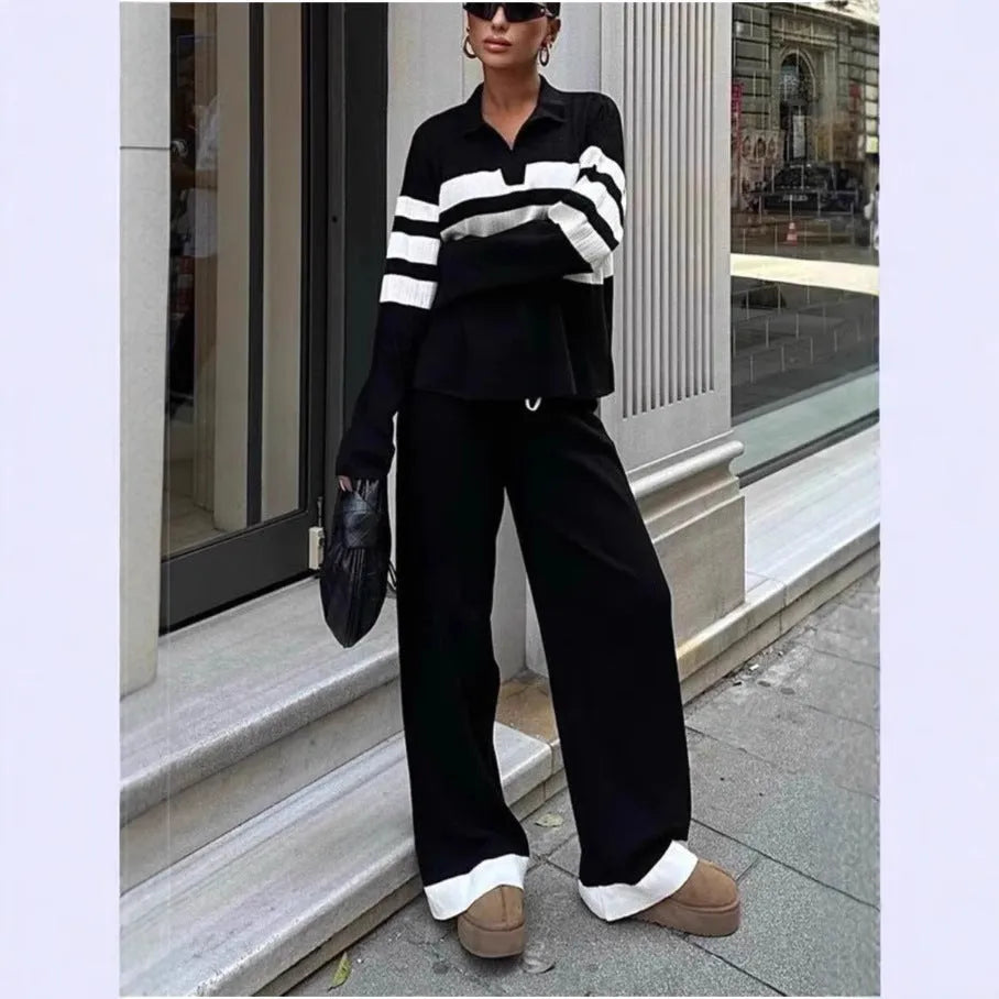 Women's black and white striped polo collar knitted two-piece set with trousers