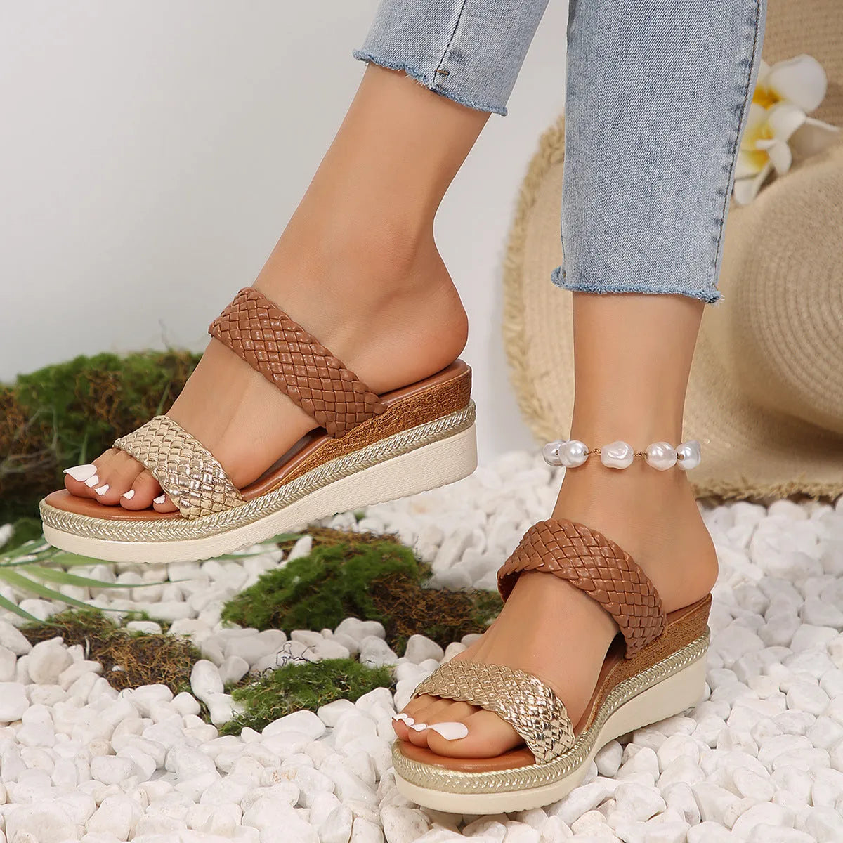 Women's metallic gold wedge sandals with a PU upper and rubber sole, shown in a larger size.