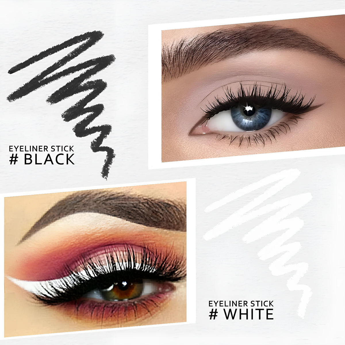 12 white and black retractable makeup pencils with a sharpener on a pink background