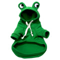 Green frog costume hoodie on a small dog, showing the hood and zip front.
