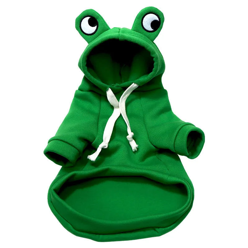 Green frog costume hoodie on a small dog, showing the hood and zip front.