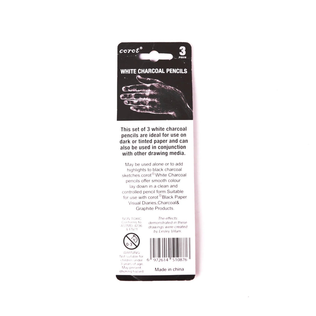 Set of three white charcoal highlighting pencils with wooden shells and brush tips for drawing