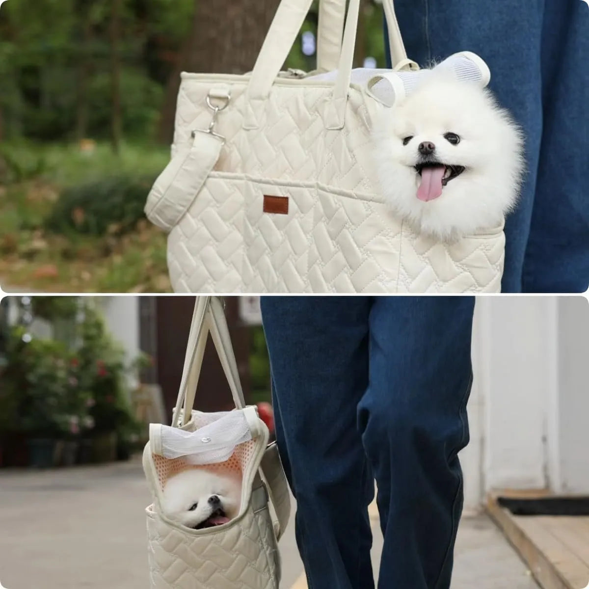 Grey pet carrier handbag with mesh panels and multiple pockets for cats or small dogs