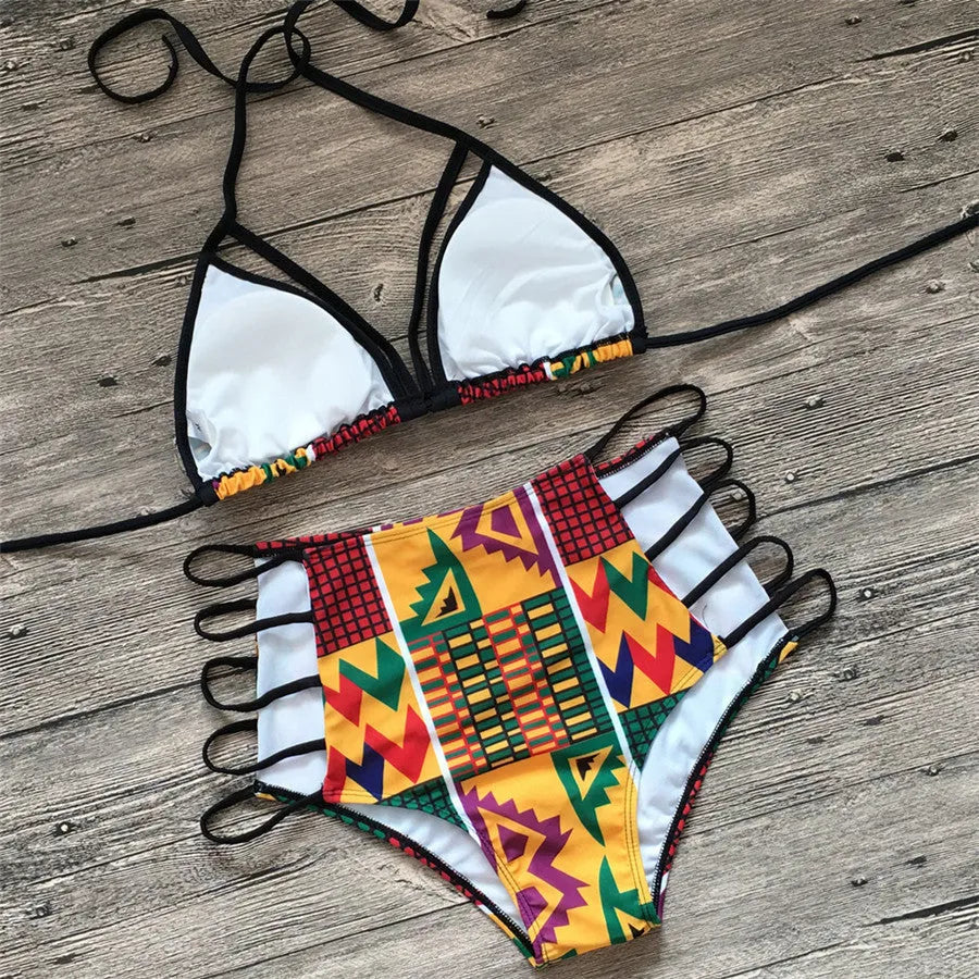 Women's digital print high-waisted bikini swimsuit with backless top and quick-dry fabric.