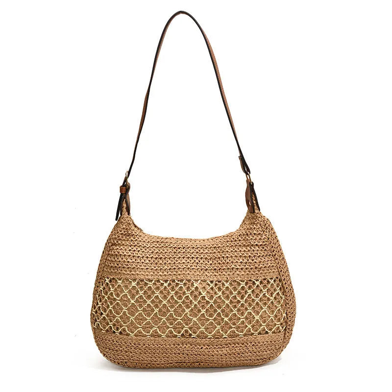 Women's straw cross body bag in khaki colour with horizontal square design and sandwich pocket