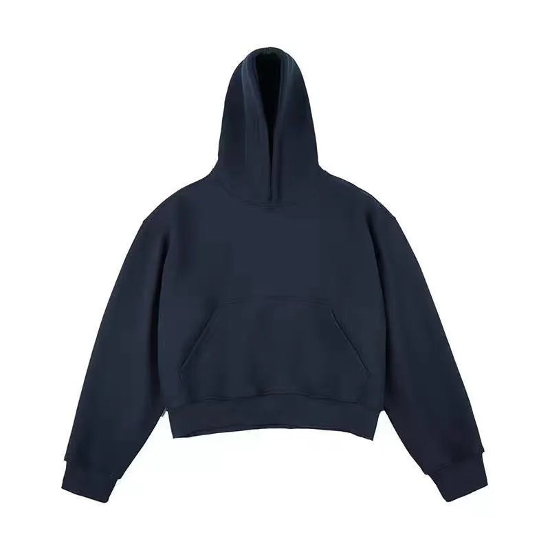 Short dark grey Chinese cotton composite hooded sweater with removable hood and long sleeves on a hanger.