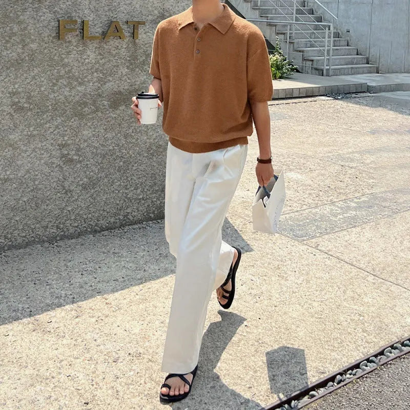 Men's retro knitted polo shirt with asymmetrical design in caramel colour, short sleeves, loose fit