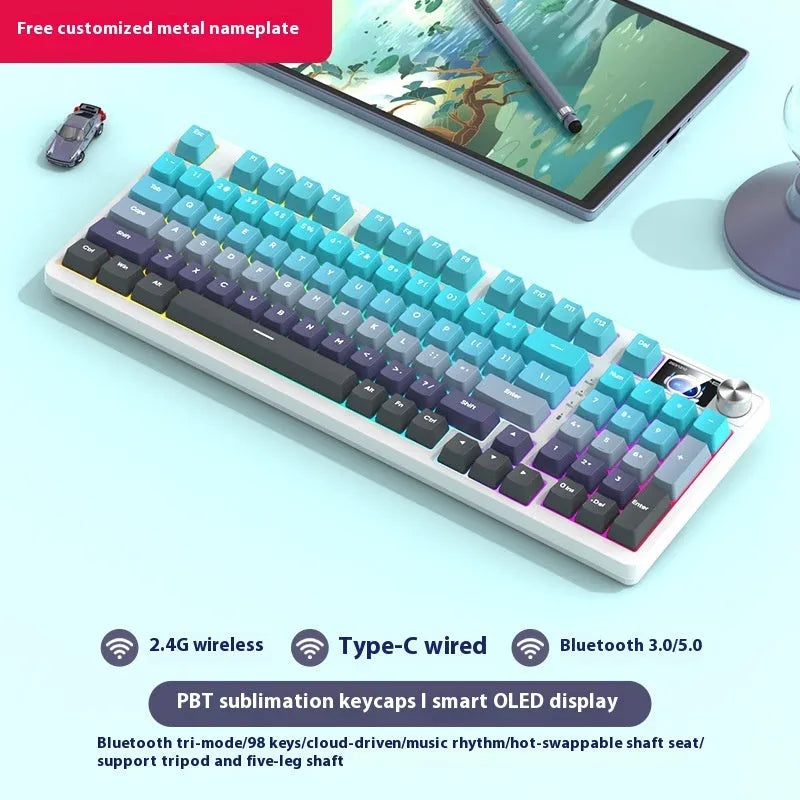 White screen version 98-key wireless mechanical keyboard kit with metal knob on desk