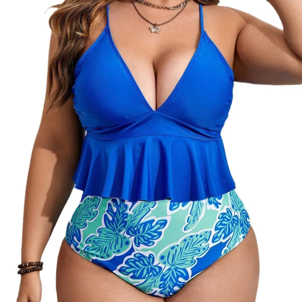Blue polyester bikini separates for plus-size women in European American sizes 0XL to 4XL
