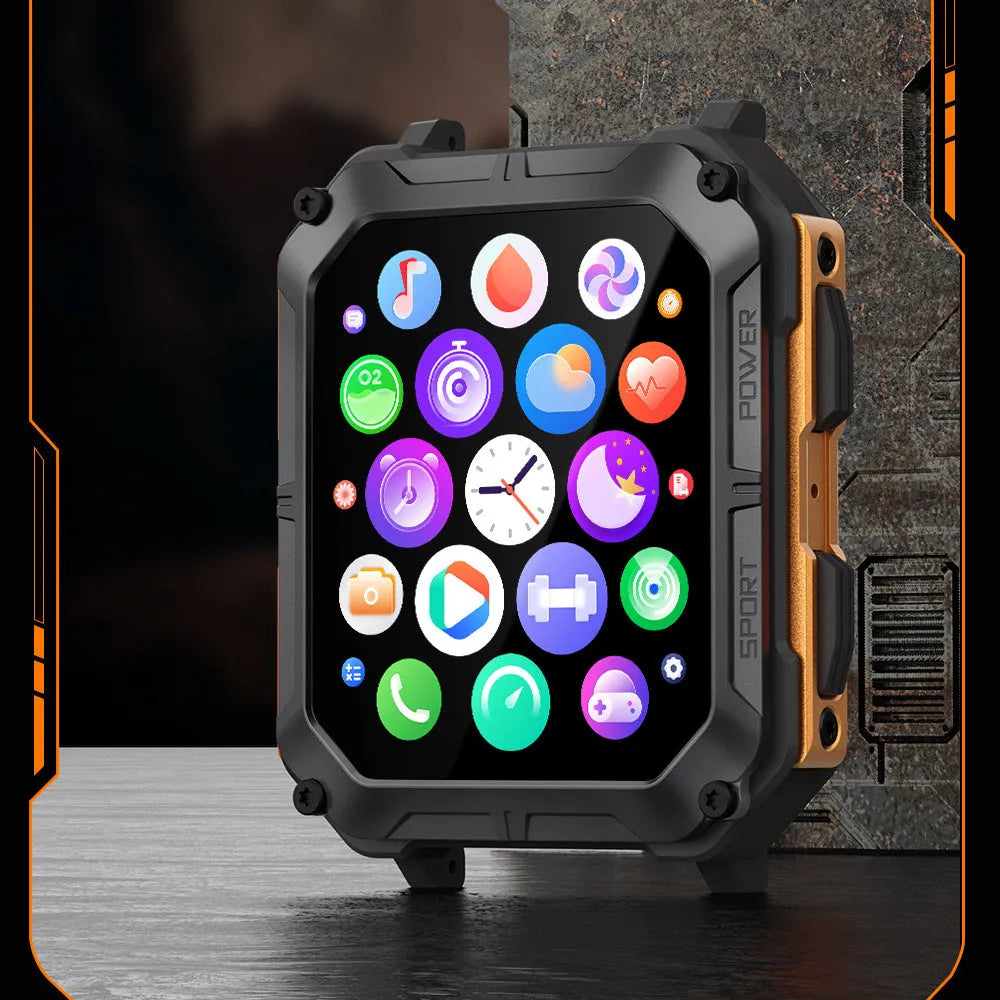 Square dial smart watch with aluminium alloy case and silicone strap showing Bluetooth calling function