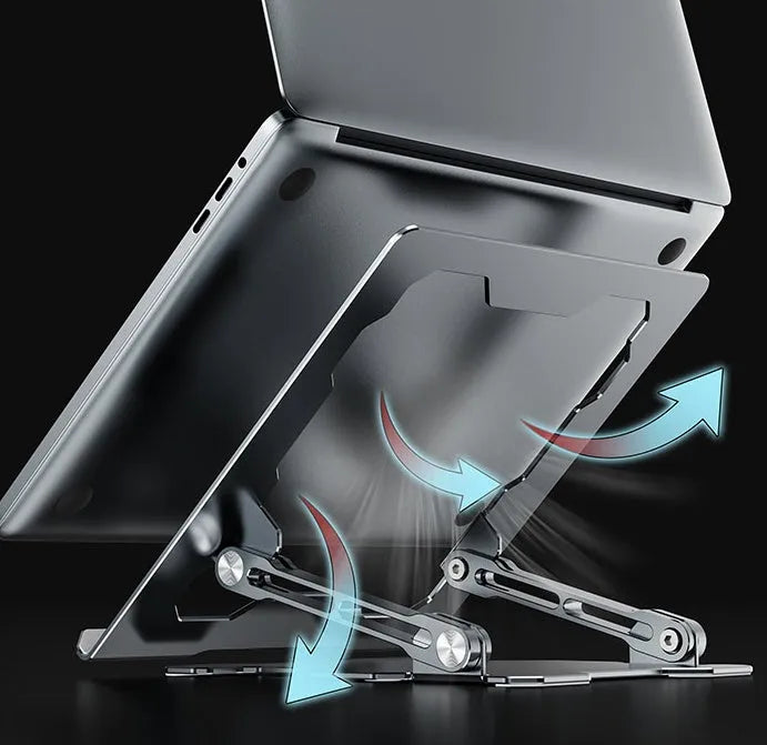 Grey aluminum laptop stand in folded position showing adjustable mechanism and silicone protection points