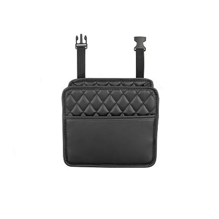 Black leather car hanging storage bag with 25cm dimensions shown installed on vehicle headrest