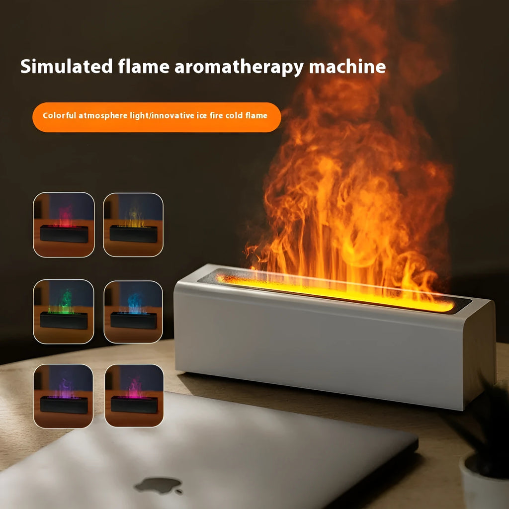 Square black USB aroma diffuser with colourful flame lighting effect and water tank