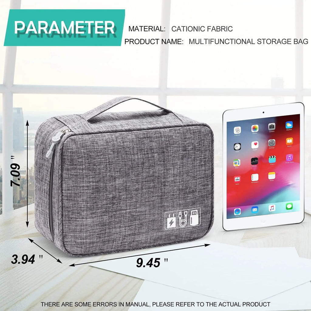 Black waterproof cable organizer bag open, showing removable dividers and mesh pockets for electronics.