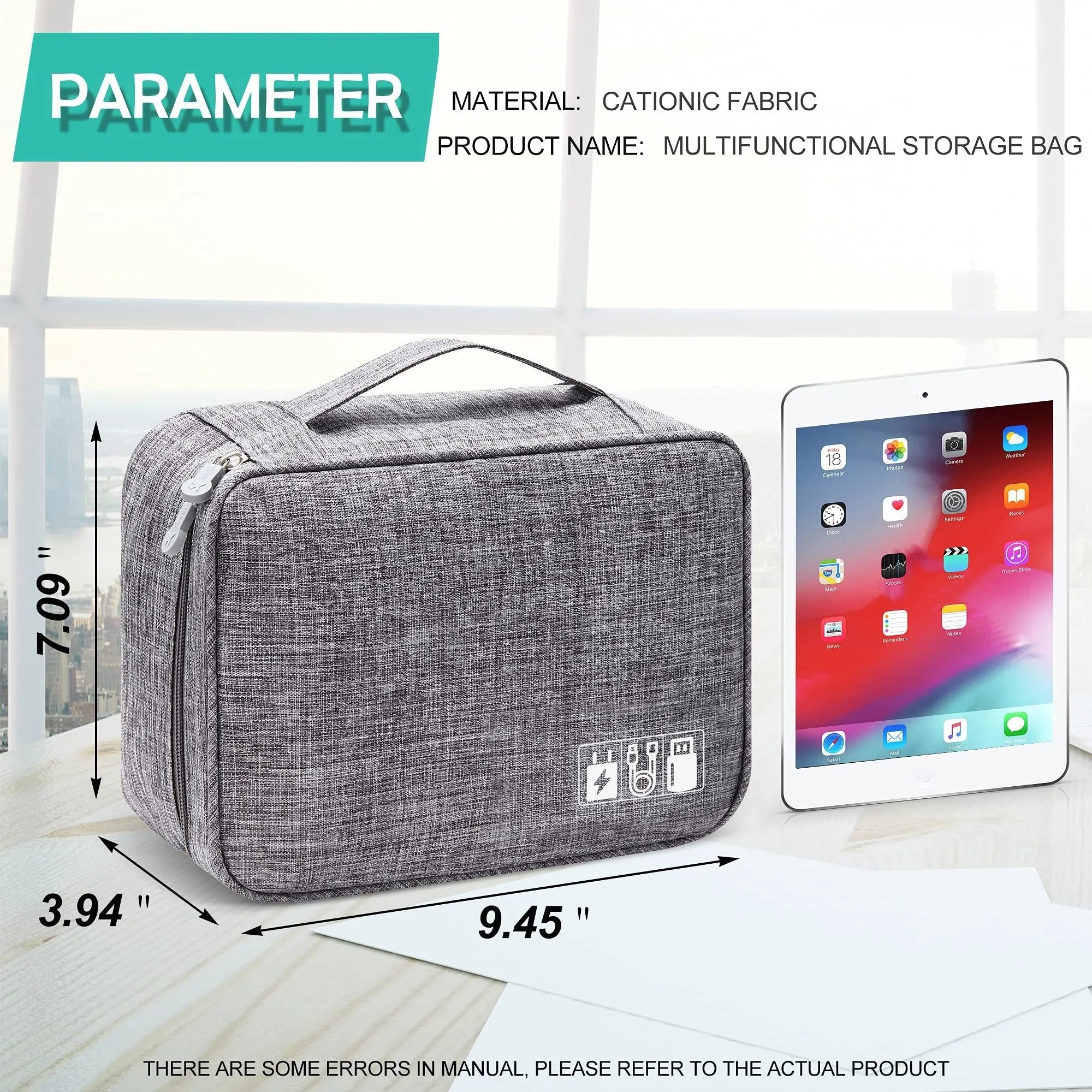 Black waterproof cable organizer bag open, showing removable dividers and mesh pockets for electronics.