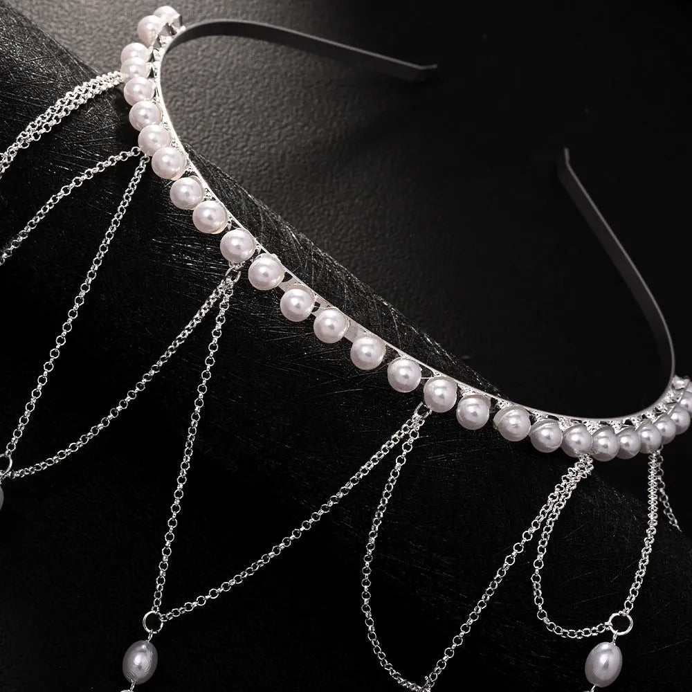 Gold or silver mesh tassel hair chain with pearl details for women