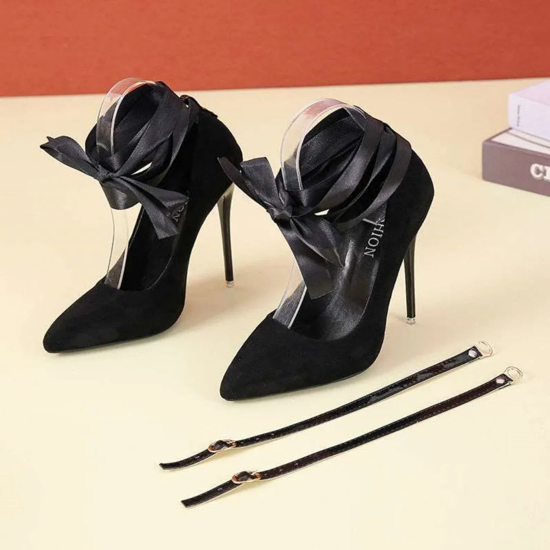 Women's black high heel sandals with shallow vamp and lace straps on 12cm heels