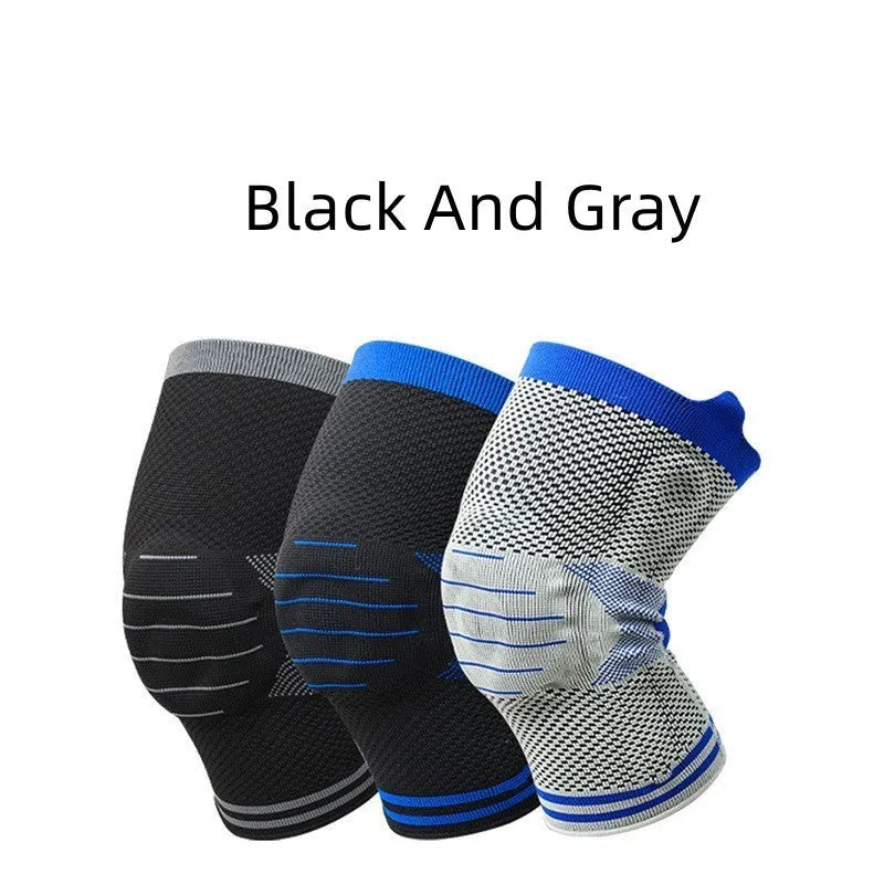 Cotton knee pad with silicone shock absorber in black and blue colour, shown with size tags for M, L, and XL.