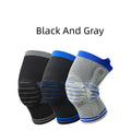 Cotton knee pad with silicone shock absorber in black and blue colour, shown with size tags for M, L, and XL.