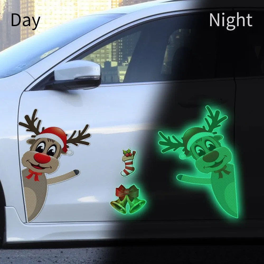 Christmas cartoon elk with bell design on magnetic luminous reflective bumper sticker for vehicle decoration