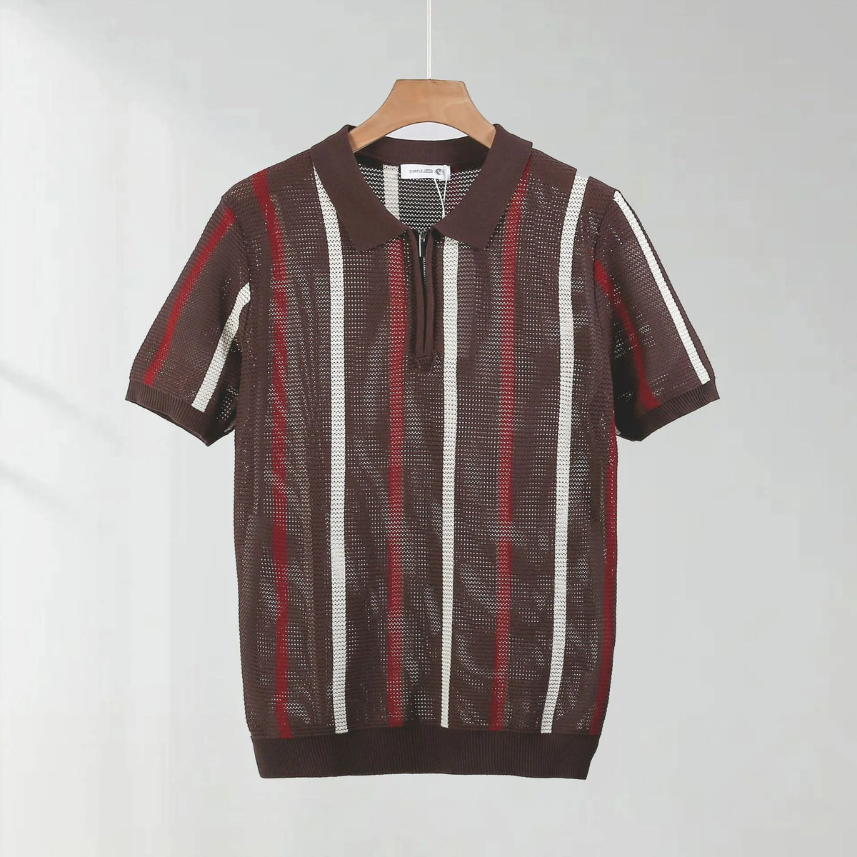 Men's black short-sleeved polo shirt with hollow mesh knitting and a silver zipper decoration on the front.
