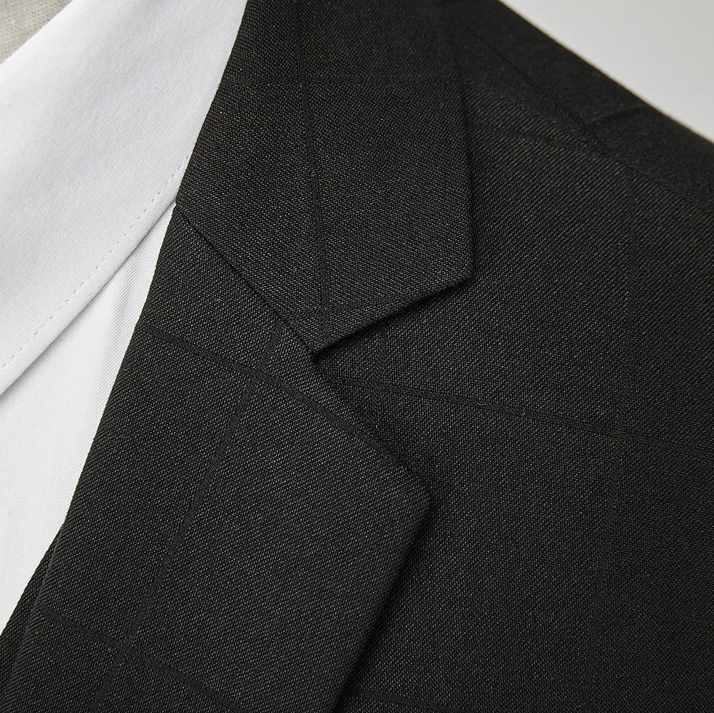 Men's navy blue three-piece business casual suit with slim fit plaid design showing jacket, vest and trousers