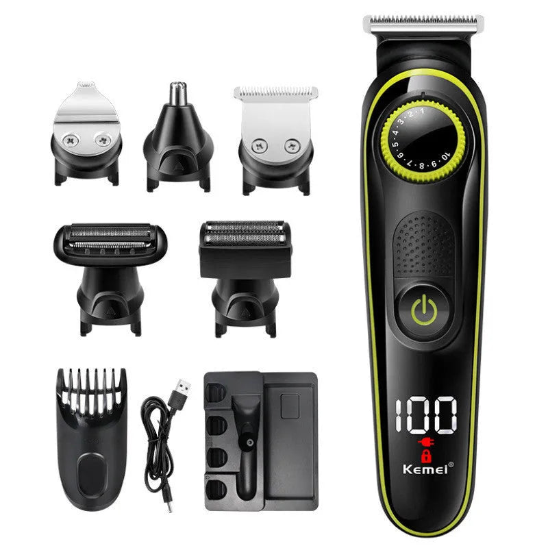 Black KM-696 rechargeable electric hair clipper set with stainless steel blades on a white background.