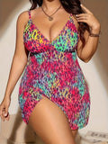 Plus size split skirt bikini set in red colour showing sleeveless top and shorts with skirt design