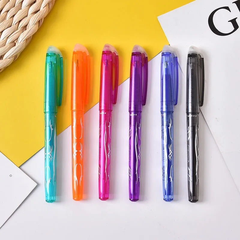 Heat-erasable gel pen with stainless steel nib in 0.5mm or 0.7mm sizes and water-based paint ink