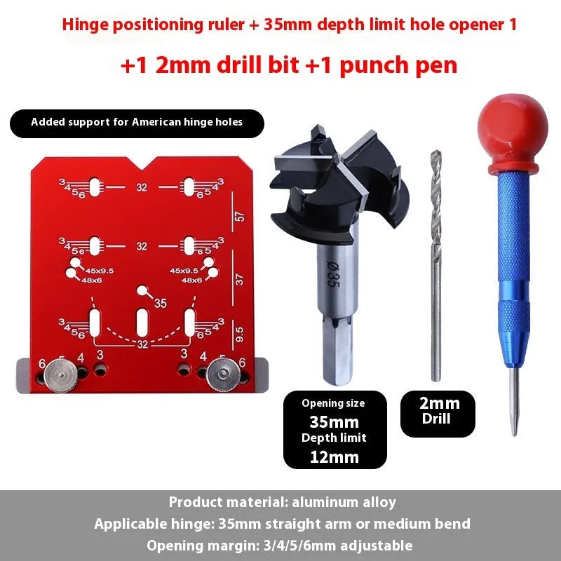 Red hinge punch locator tool for 35mm cabinet hinge installation with adjustable margin settings