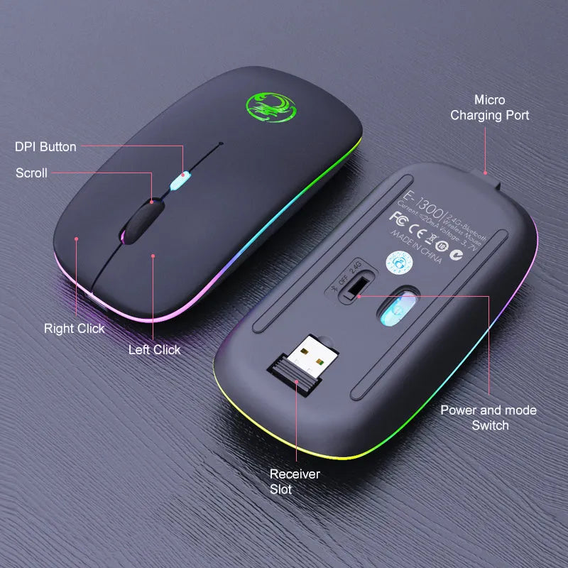 Black and white dual-mode wireless mouse with luminous charging indicator and silent click design