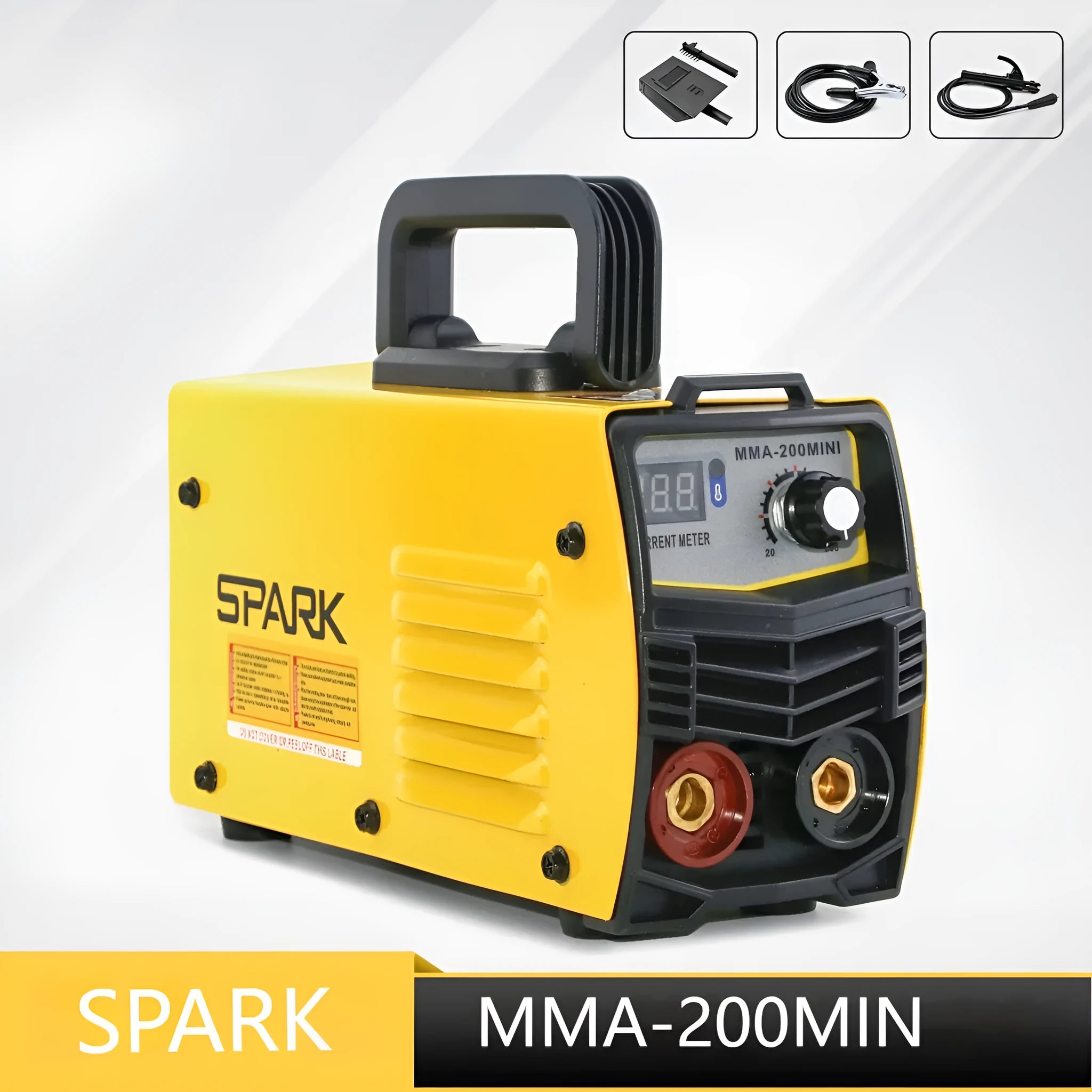 MMA-200MIN household DC welding machine with face shield and welding accessories on workbench