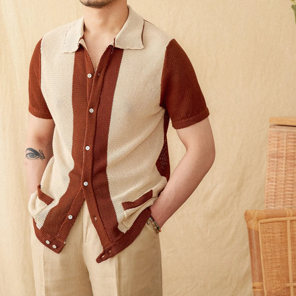 Beige short-sleeved lapel cardigan made from a thin linen and cotton knitted fabric.