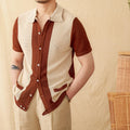 Beige short-sleeved lapel cardigan made from a thin linen and cotton knitted fabric.