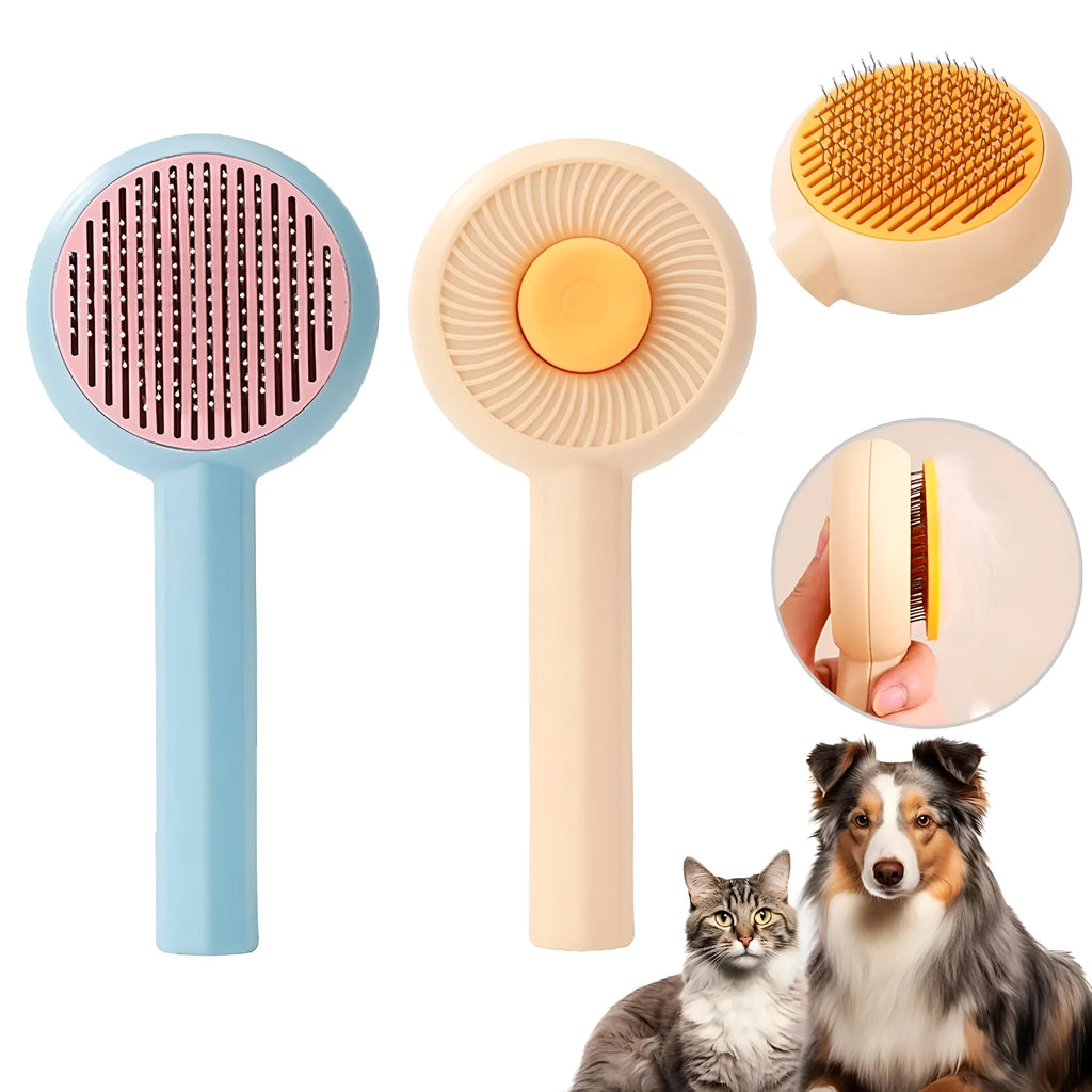 Blue and yellow pet grooming brush with angled metal bristles and a self-cleaning button.