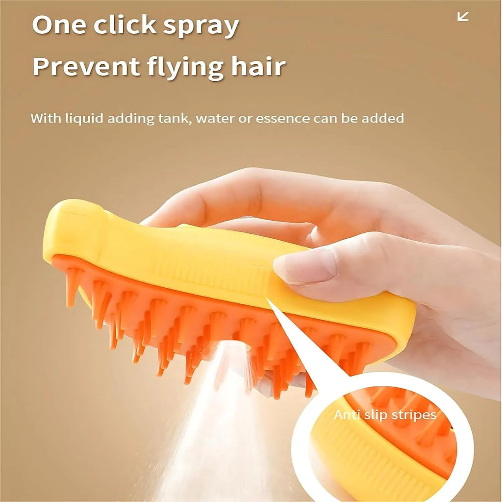 Green and yellow 3-in-1 cat steam brush with round teeth and massage function for pet grooming