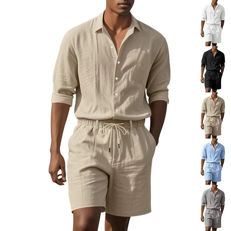 A man wearing a light blue linen long sleeve shirt and matching shorts from the beach suit set.