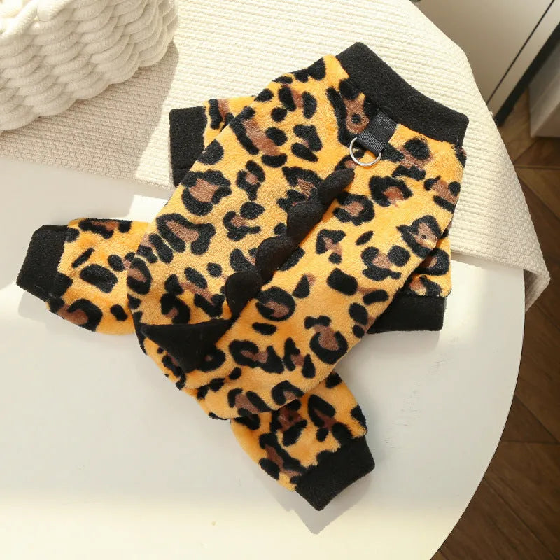 Four-legged leopard print dinosaur dog jumper in pink, polyester, sizes XS to 2XL for French Bulldogs