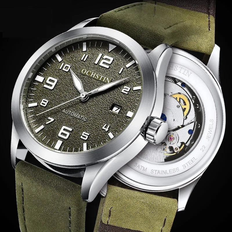 Men's automatic mechanical watch with retro leather strap showing four colour variations