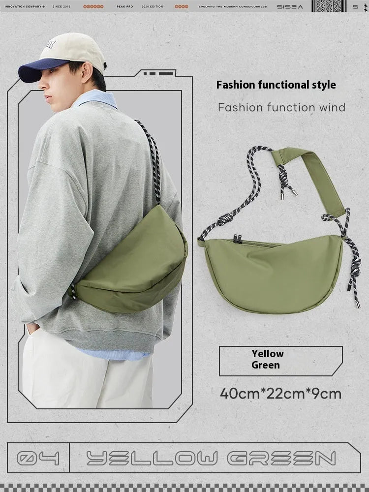 Men's nylon messenger backpack in black, grey, khaki, or army green, showing large capacity and shoulder strap.