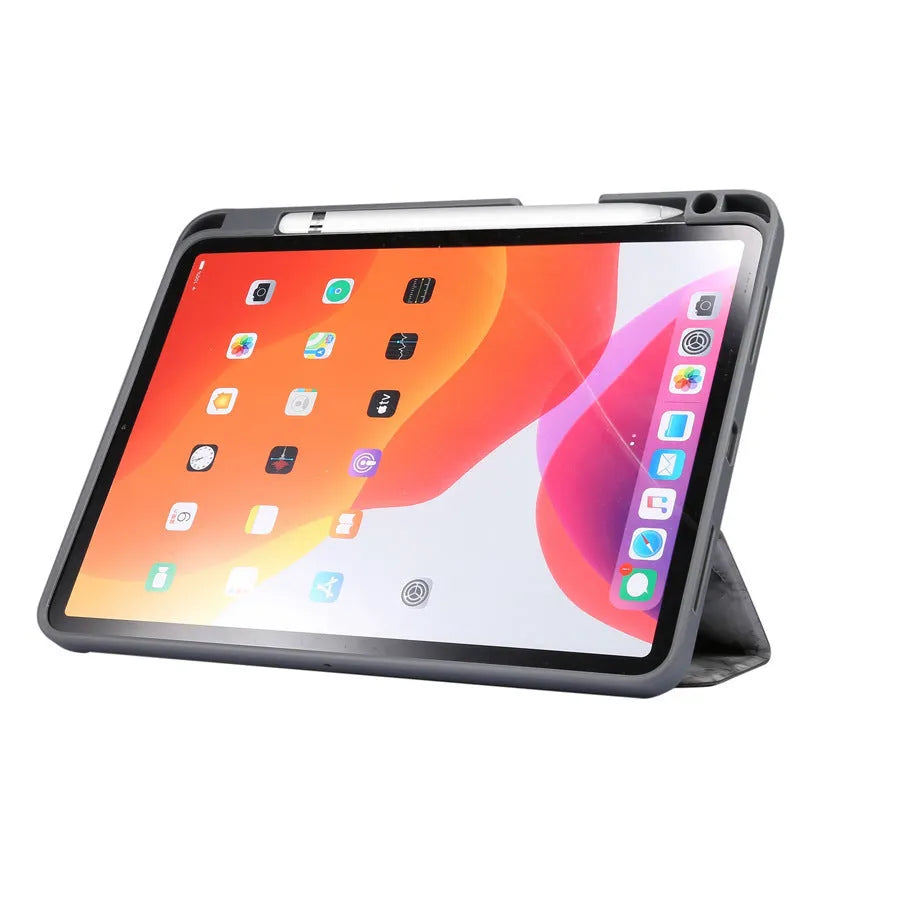 Tri-fold marbling imitation leather iPad case with a pen slot, shown in dark gray colour.